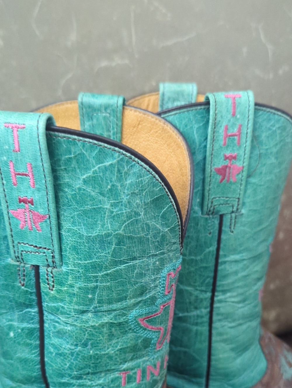 TIN HAUL "Painted Warrior" teal green/blue & brown Aztec square toe boots sz 9.5 - Picture 10 of 16